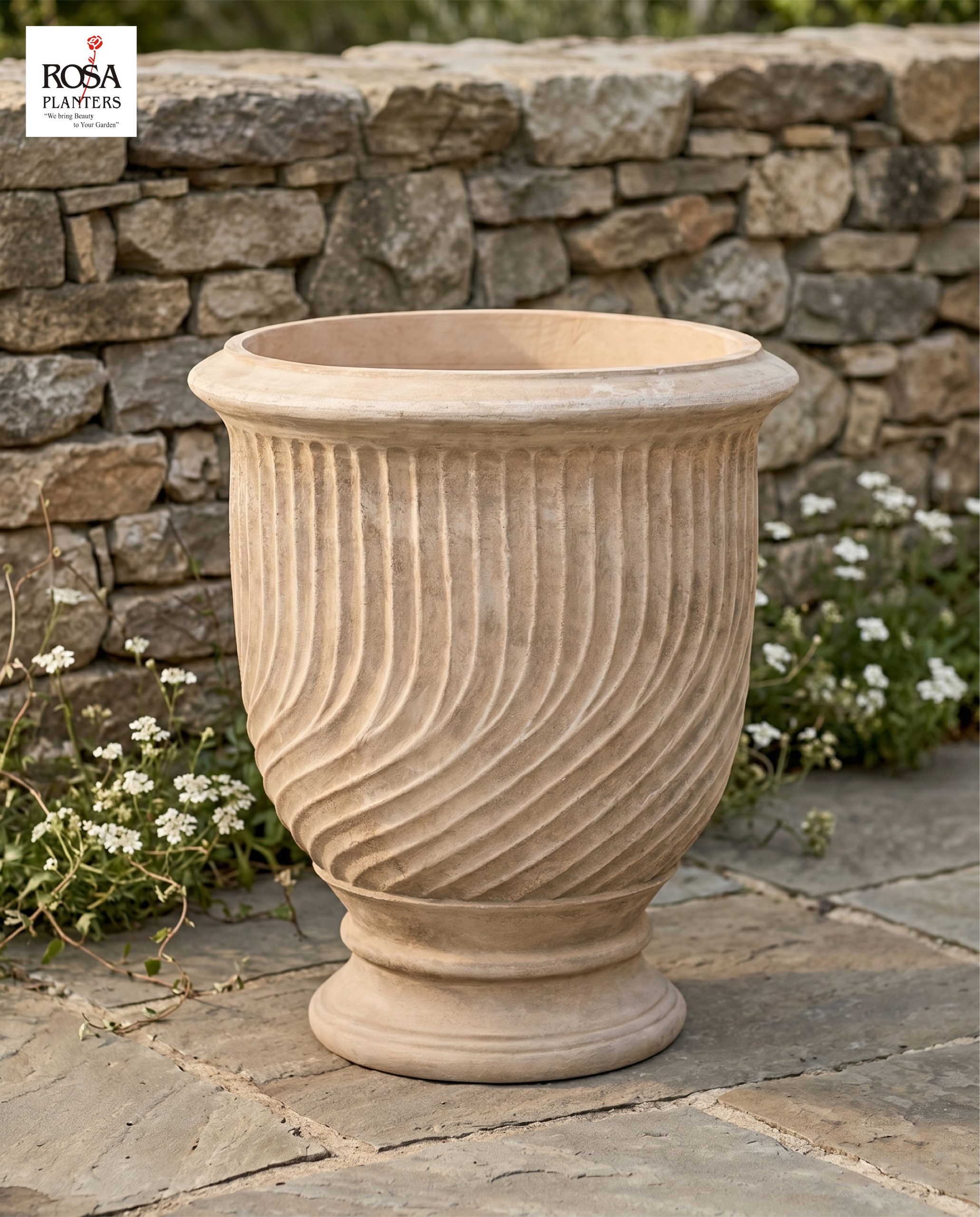 Large antique-style terracotta planter by Rosa suitable for outdoor spaces