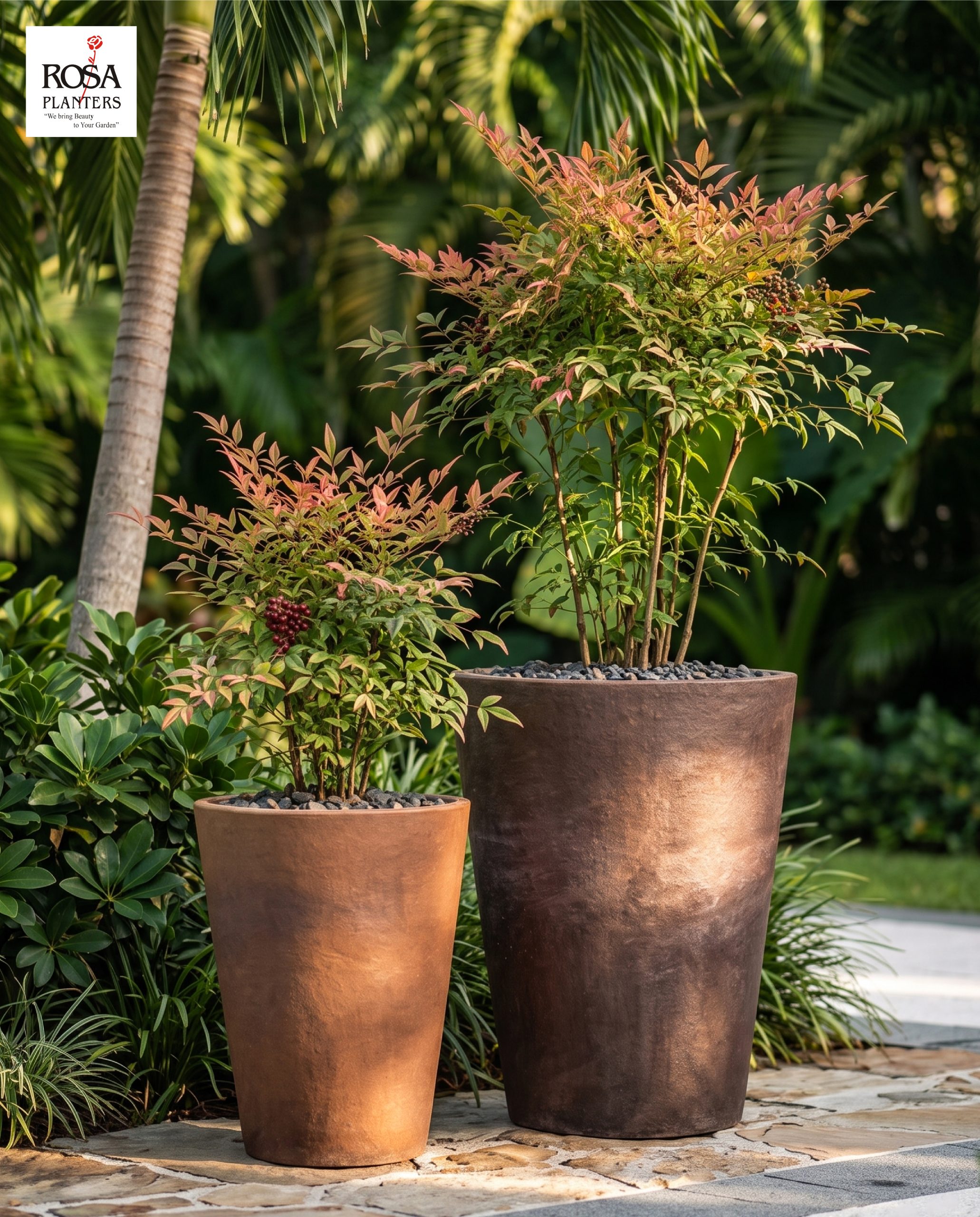 Stoneware plant pot in a garden setup
