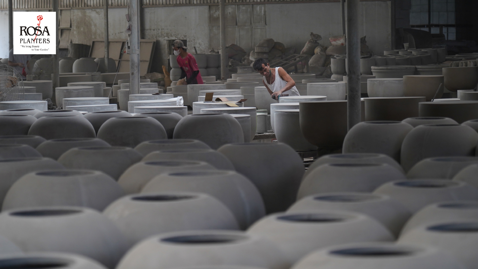Fiber concrete plant pot production line at a plant pot factory