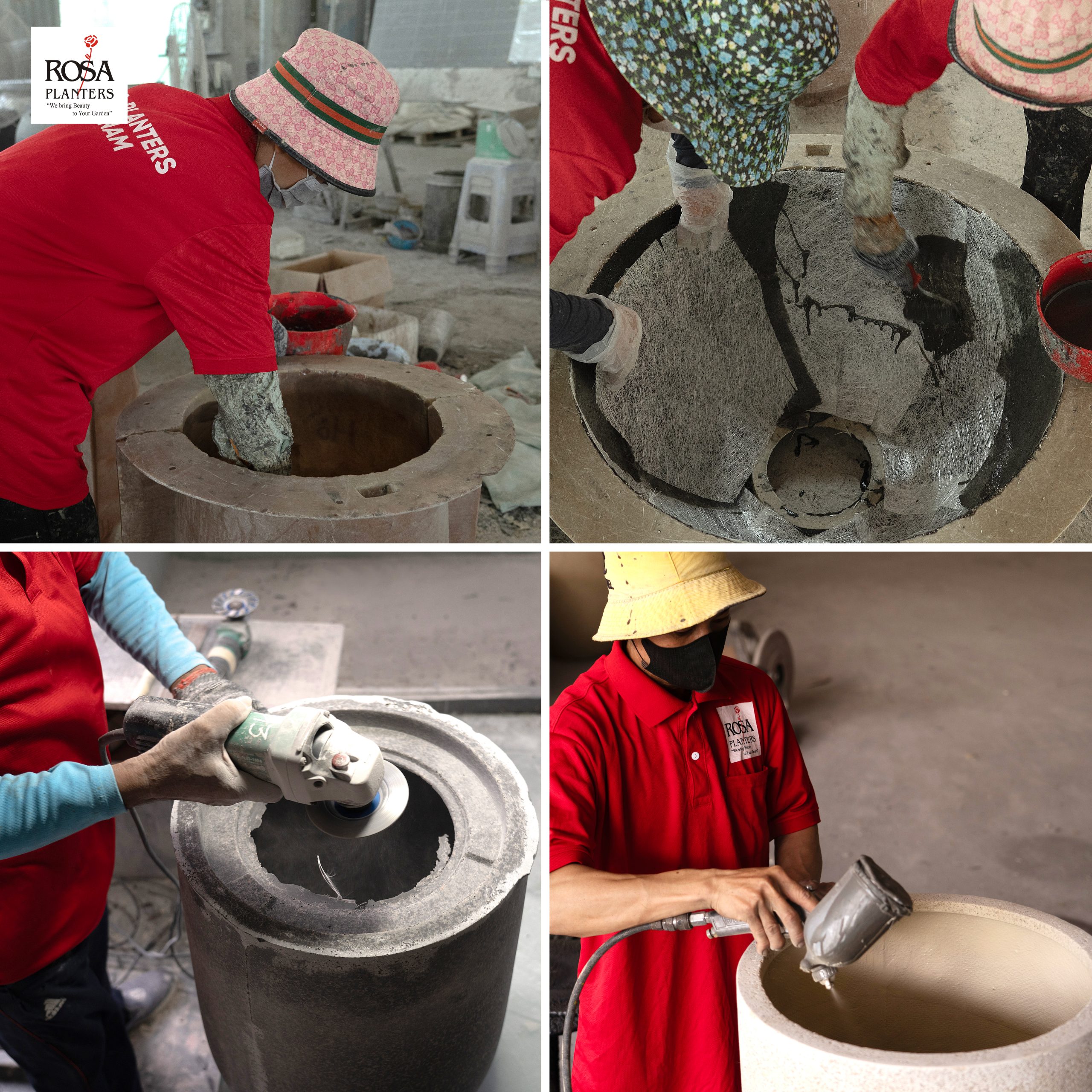 Rosa Planters workers hand-layering fiberglass mesh, grinding and spray-sealing polystone planters in the workshop